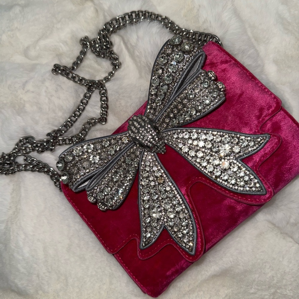 Crystal Bow Pink Velvet Crossbody Bag